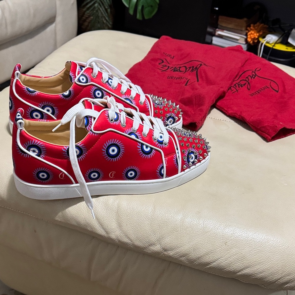 Christian Louboutin Red and White Spiked Sneakers